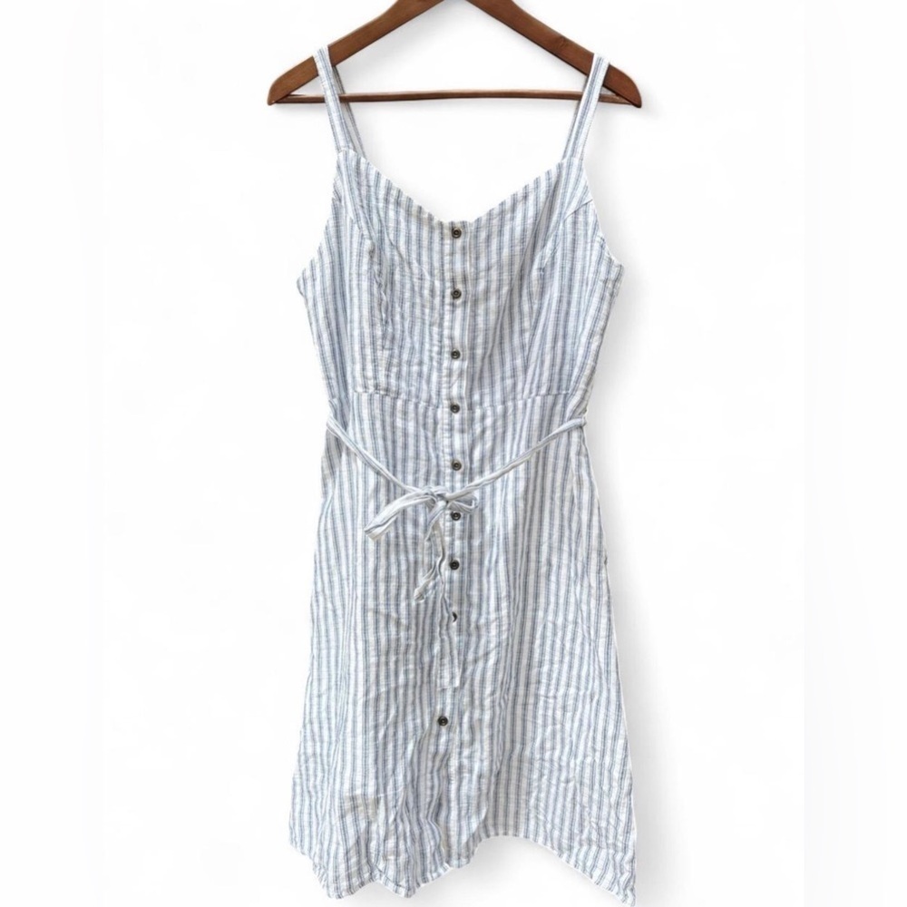 Old Navy Blue Striped Cotton Mini Dress Button Front Tie Petite L - Picture 3 of 13
